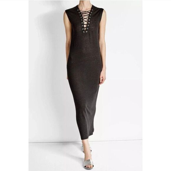 IRO Daisy Dress women's XS black midi‎ ruching LINEN  minimalist - Picture 1 of 7